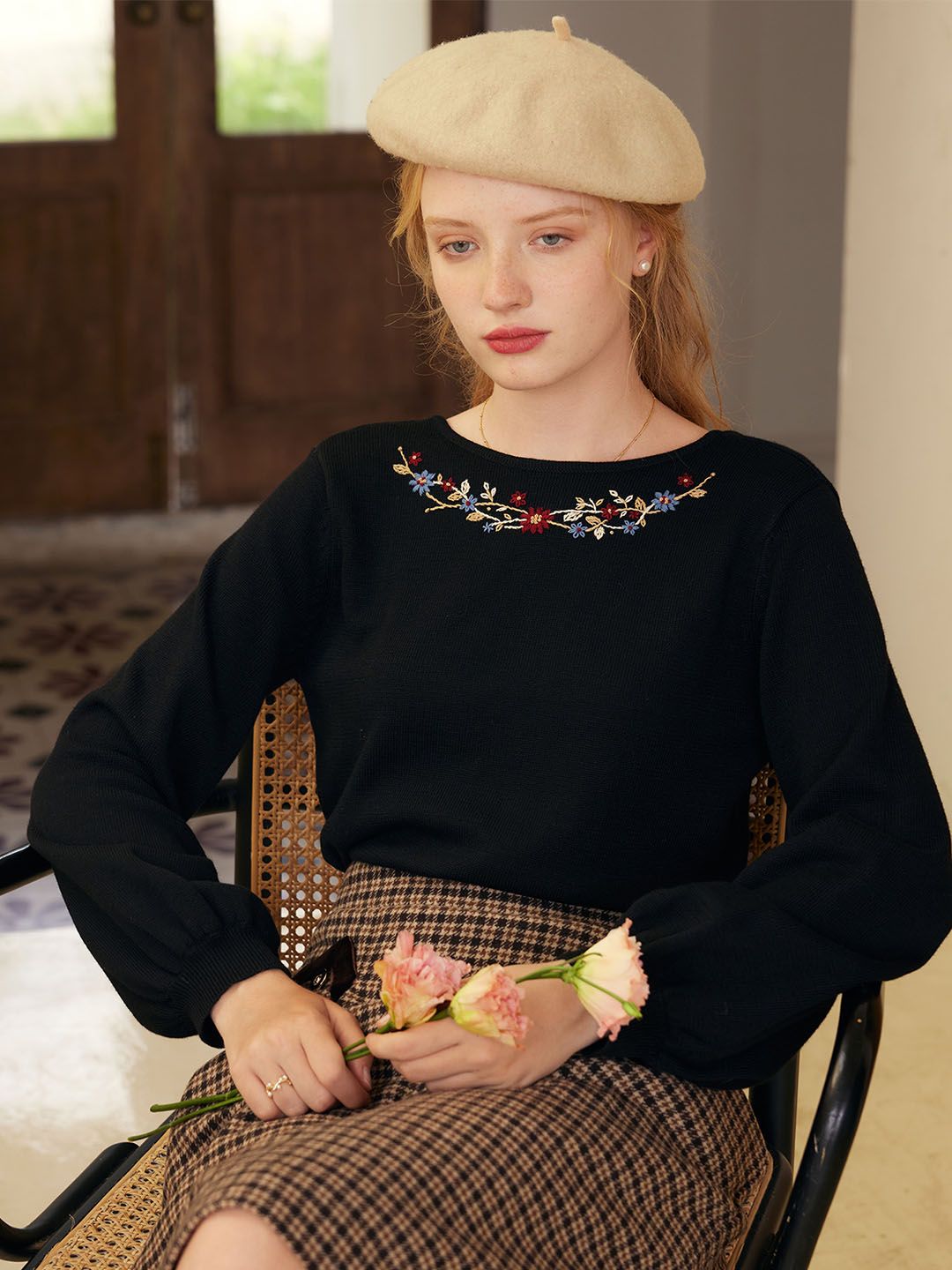 Layla Floral Embroidery Lantern Sleeve Sweater sold by Simple Retro product image thumbnail 5