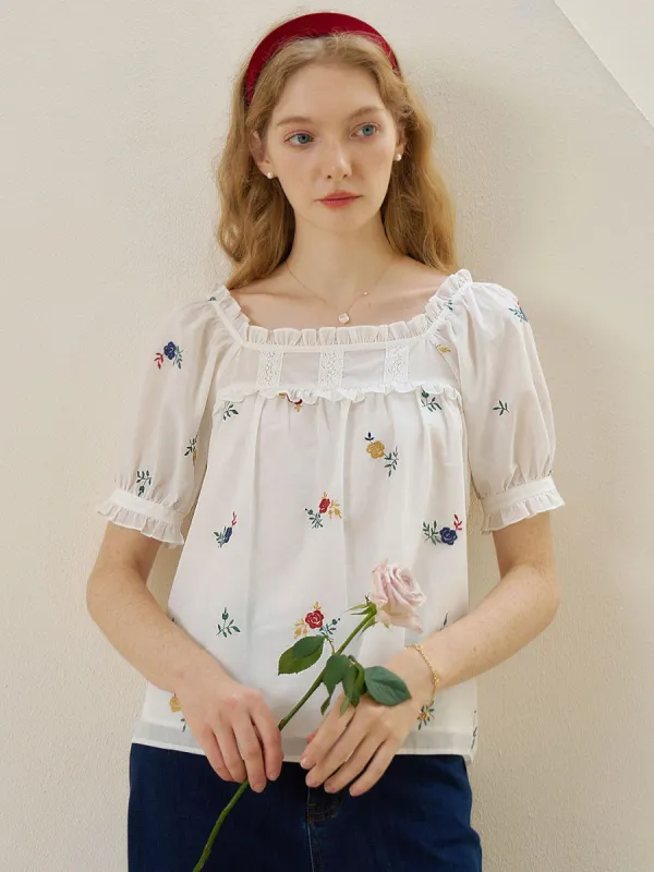 Khalani Colorful Rose Embroidered Puff Sleeve Cotton Blouse sold by Simple Retro