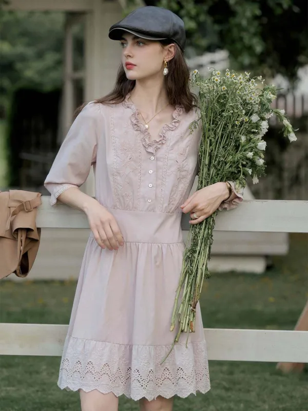 Daniela Lace Patchwork V-neck Lantern Sleeve Dress sold by Simple Retro