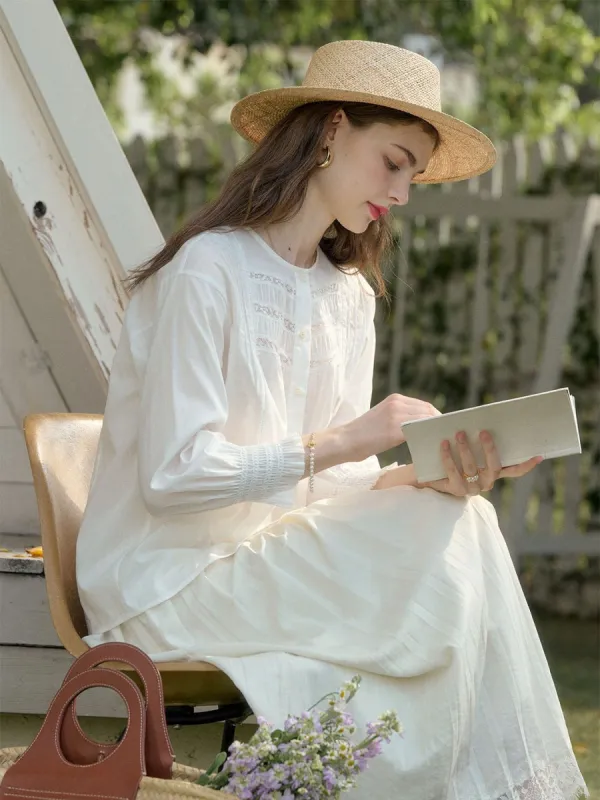 【Final Sale】daline Classic Crew Neck Lace Patchwork Cotton Blouse sold by Simple Retro