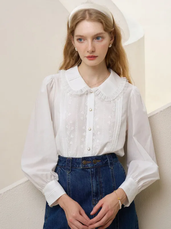 Jazmine Peter Pan Collar Lace Panel Embroidered Cotton Blouse sold by Simple Retro