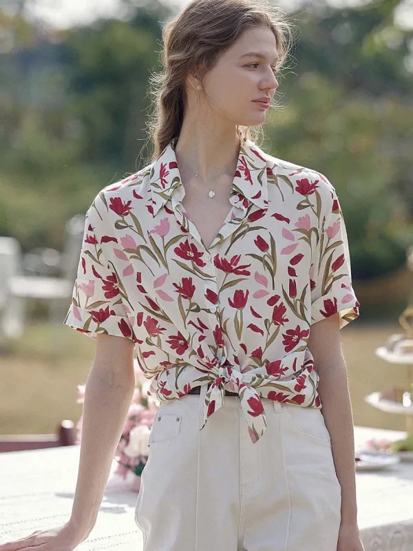 Aliya Tulip-print Lapel Collar Shirt sold by Simple Retro