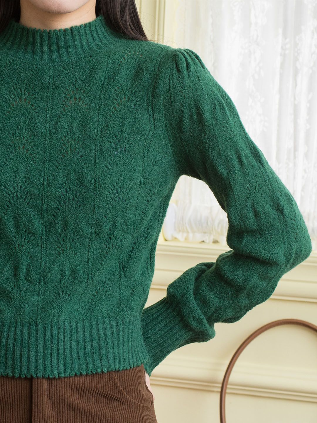 Tiffany Mock Neck Hollow Knit Green Sweater sold by Simple Retro product image thumbnail 5