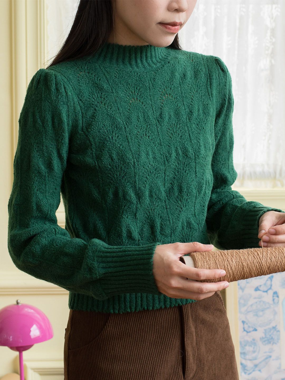 Tiffany Mock Neck Hollow Knit Green Sweater sold by Simple Retro product image thumbnail 6