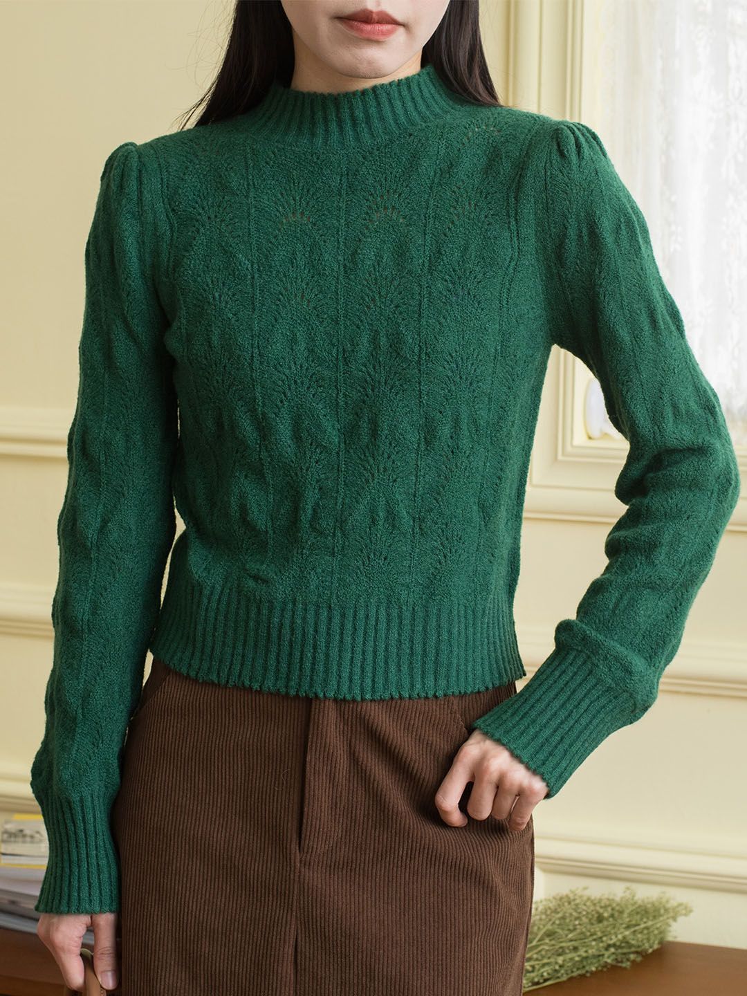 Tiffany Mock Neck Hollow Knit Green Sweater sold by Simple Retro