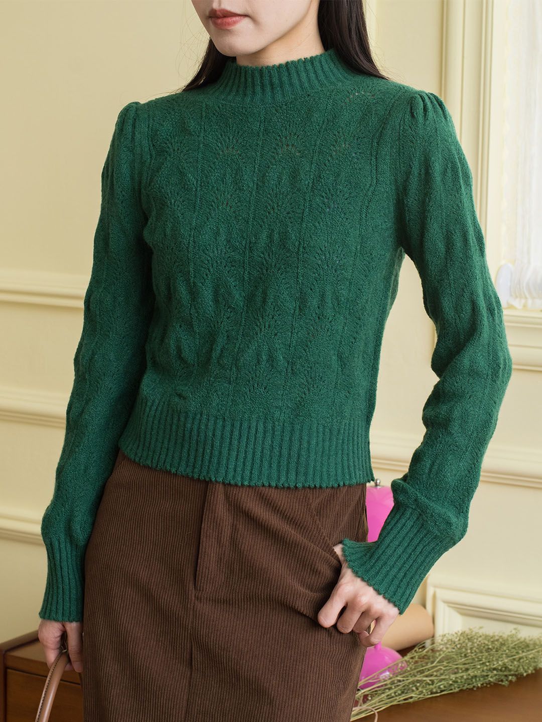 Tiffany Mock Neck Hollow Knit Green Sweater sold by Simple Retro product image thumbnail 4