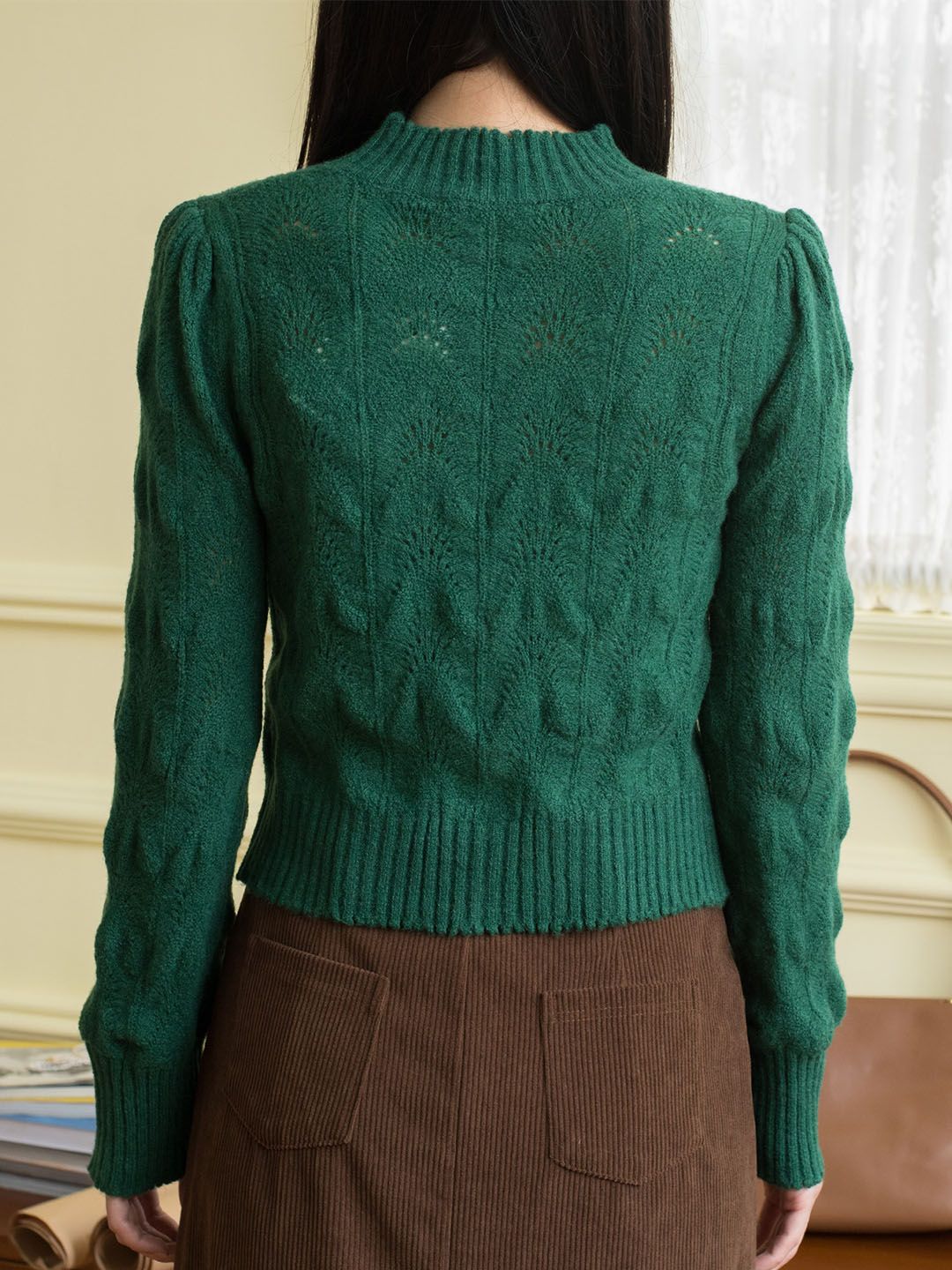 Tiffany Mock Neck Hollow Knit Green Sweater sold by Simple Retro product image thumbnail 2