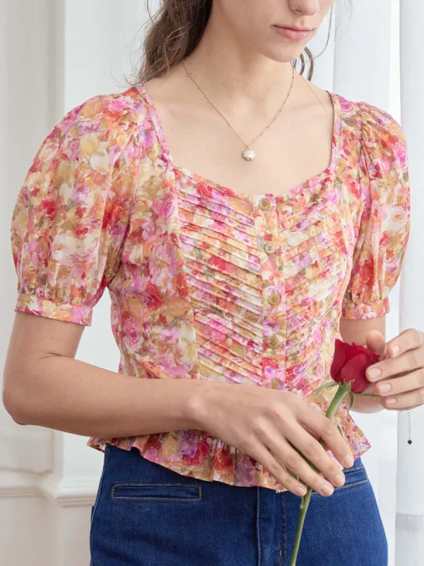 【Final Sale】Katalina Floral Print Ruched Front Ruffle Hem Blouse sold by Simple Retro