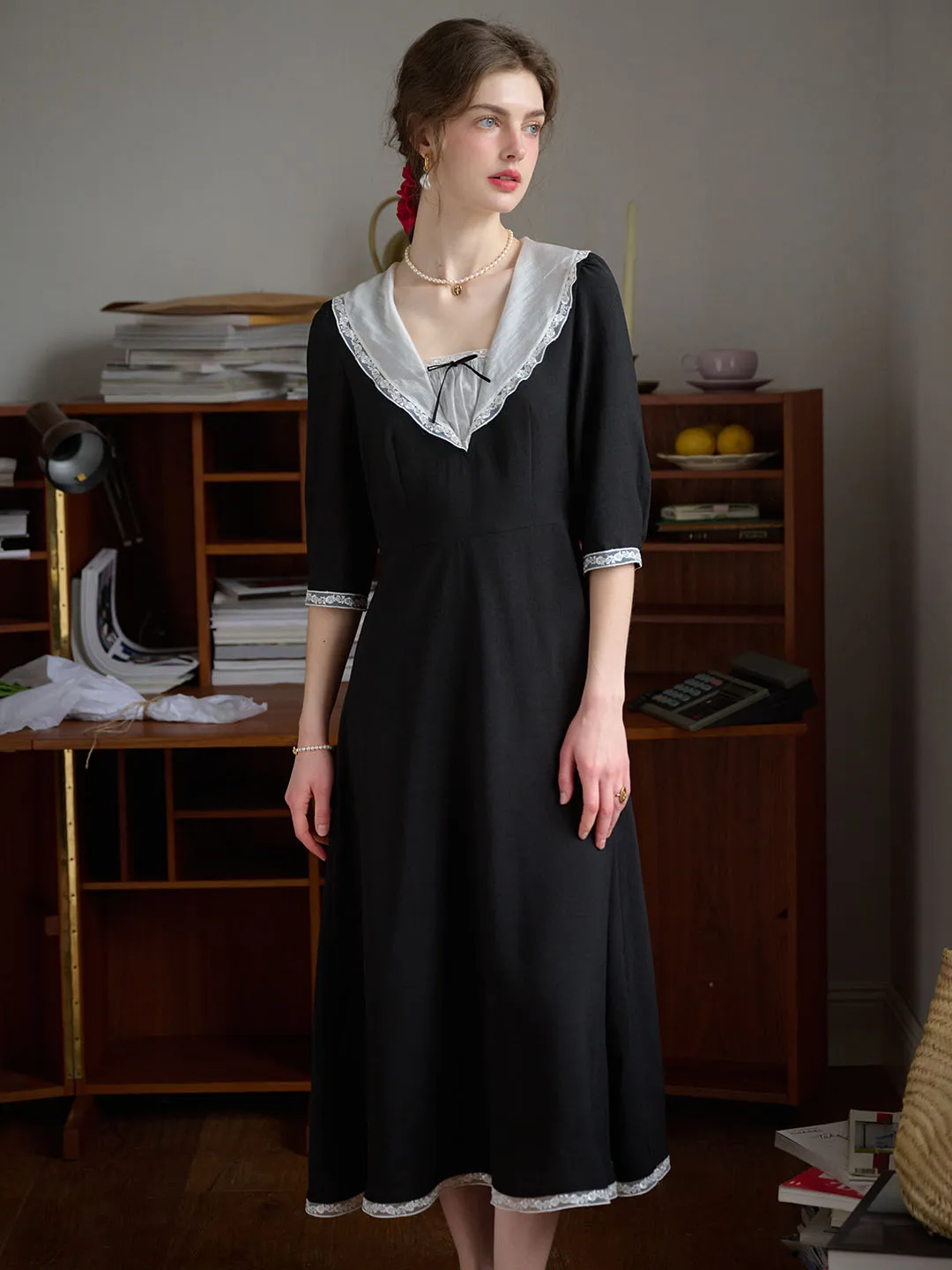 Annabelle Elegant Navy Collar Lace Contrast Dress sold by Simple Retro product image thumbnail 2