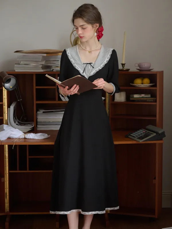 Annabelle Elegant Navy Collar Lace Contrast Dress made by Simple Retro