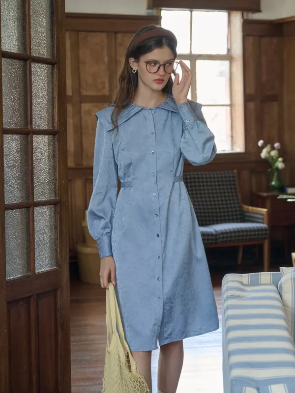 Leyla French Navy Collar Floral Jacquard Satin Dress sold by Simple Retro