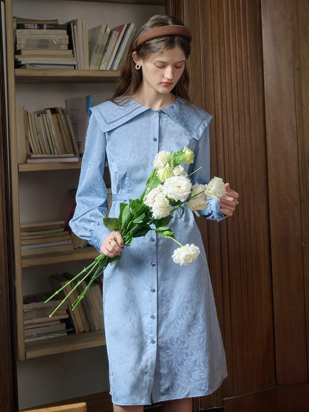Leyla French Navy Collar Floral Jacquard Satin Dress sold by Simple Retro product image thumbnail 4