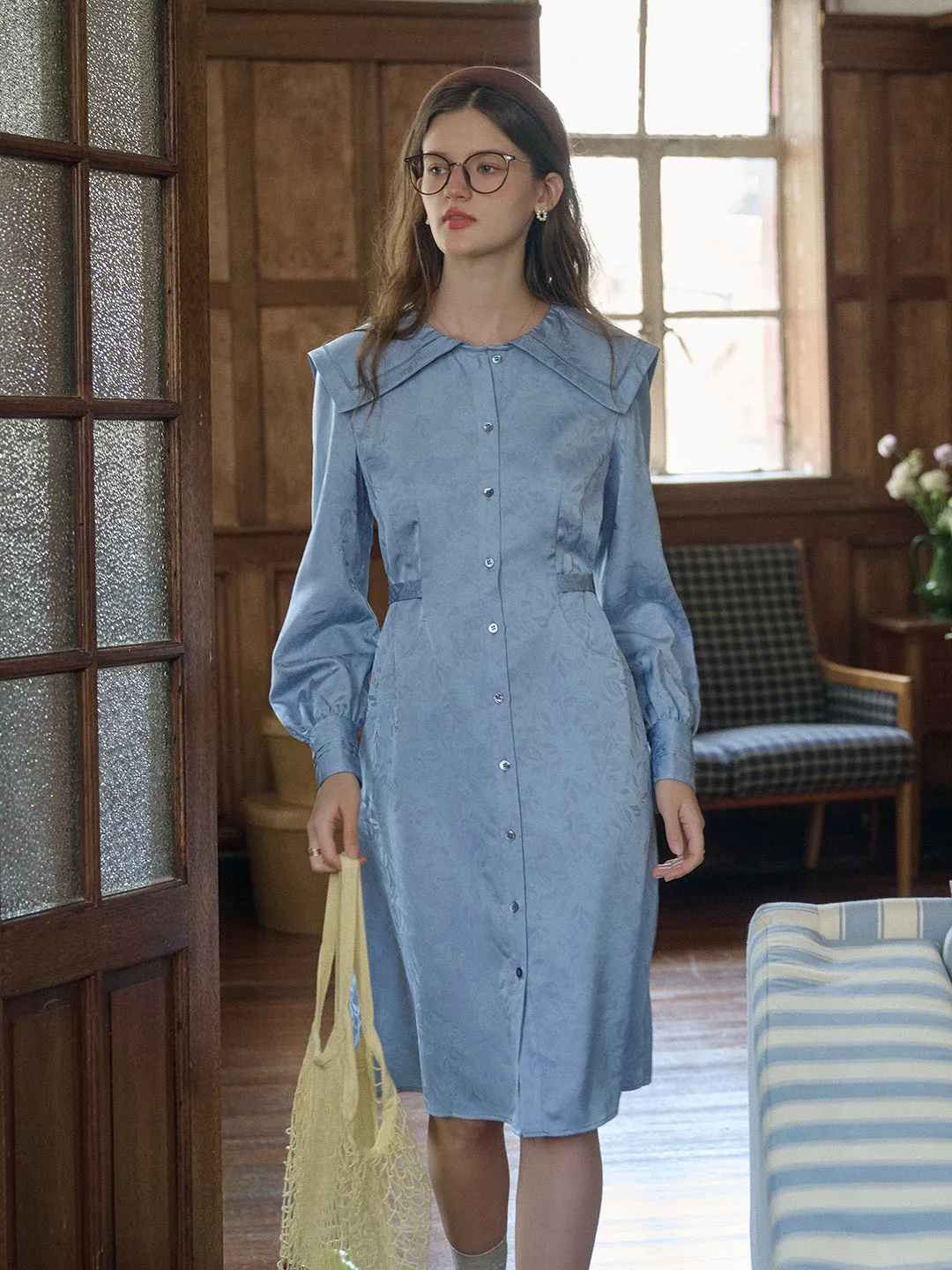 Leyla French Navy Collar Floral Jacquard Satin Dress sold by Simple Retro product image thumbnail 3