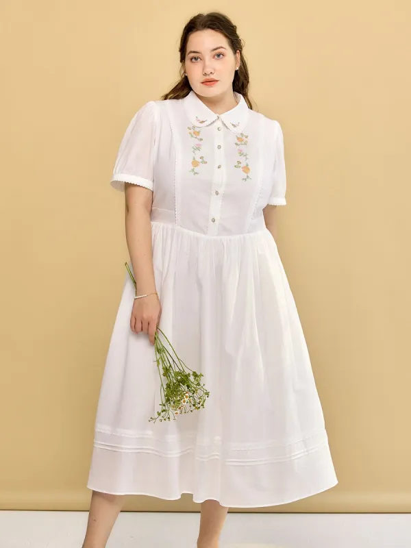 Plus Size Maryam Floral Embroidery Puff Sleeve Button Front Shirt Dress sold by Simple Retro