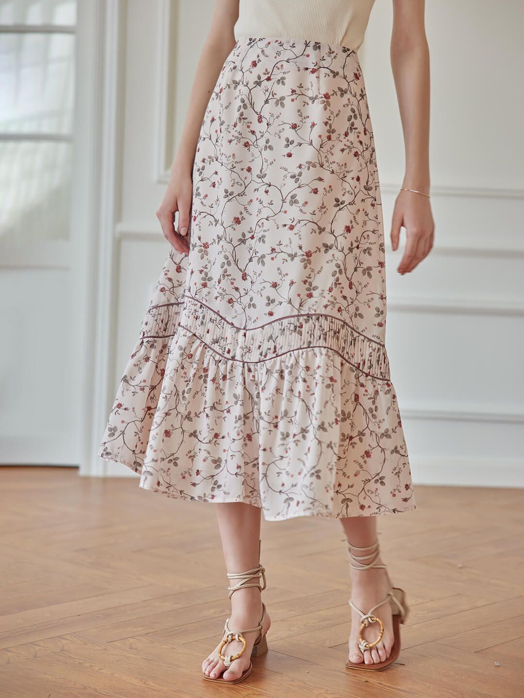 (Clearance) Marie Printed Brown Midi Skirt sold by Simple Retro