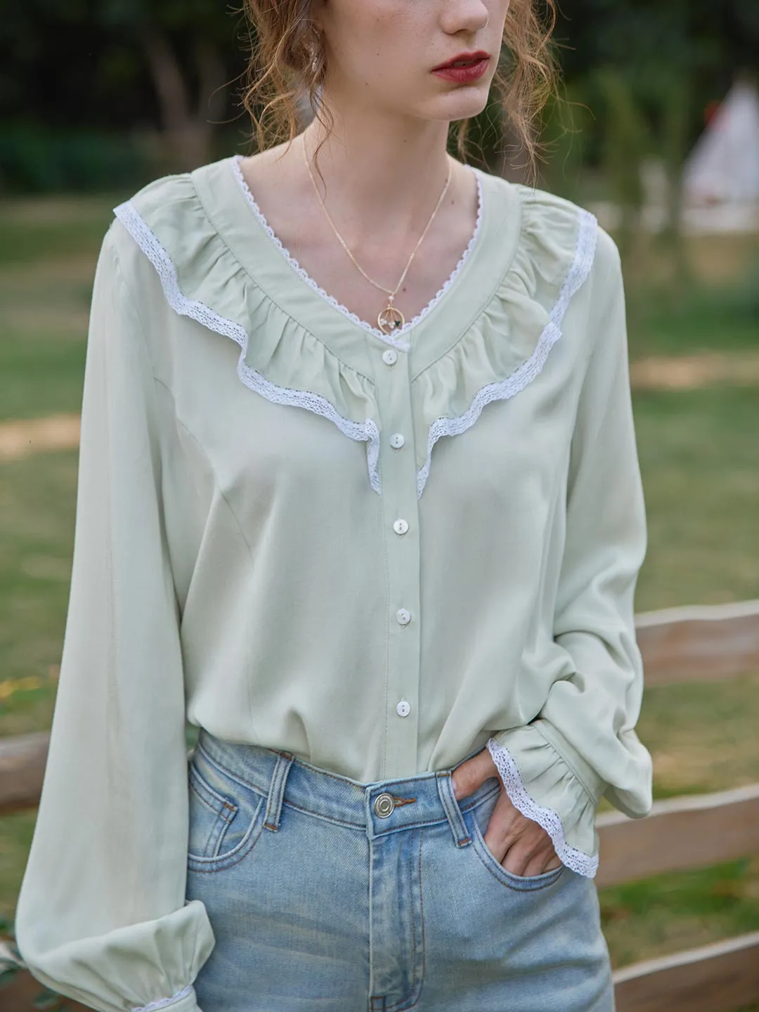Rosario V-Neck Ruffle Blouse sold by Simple Retro product image thumbnail 2