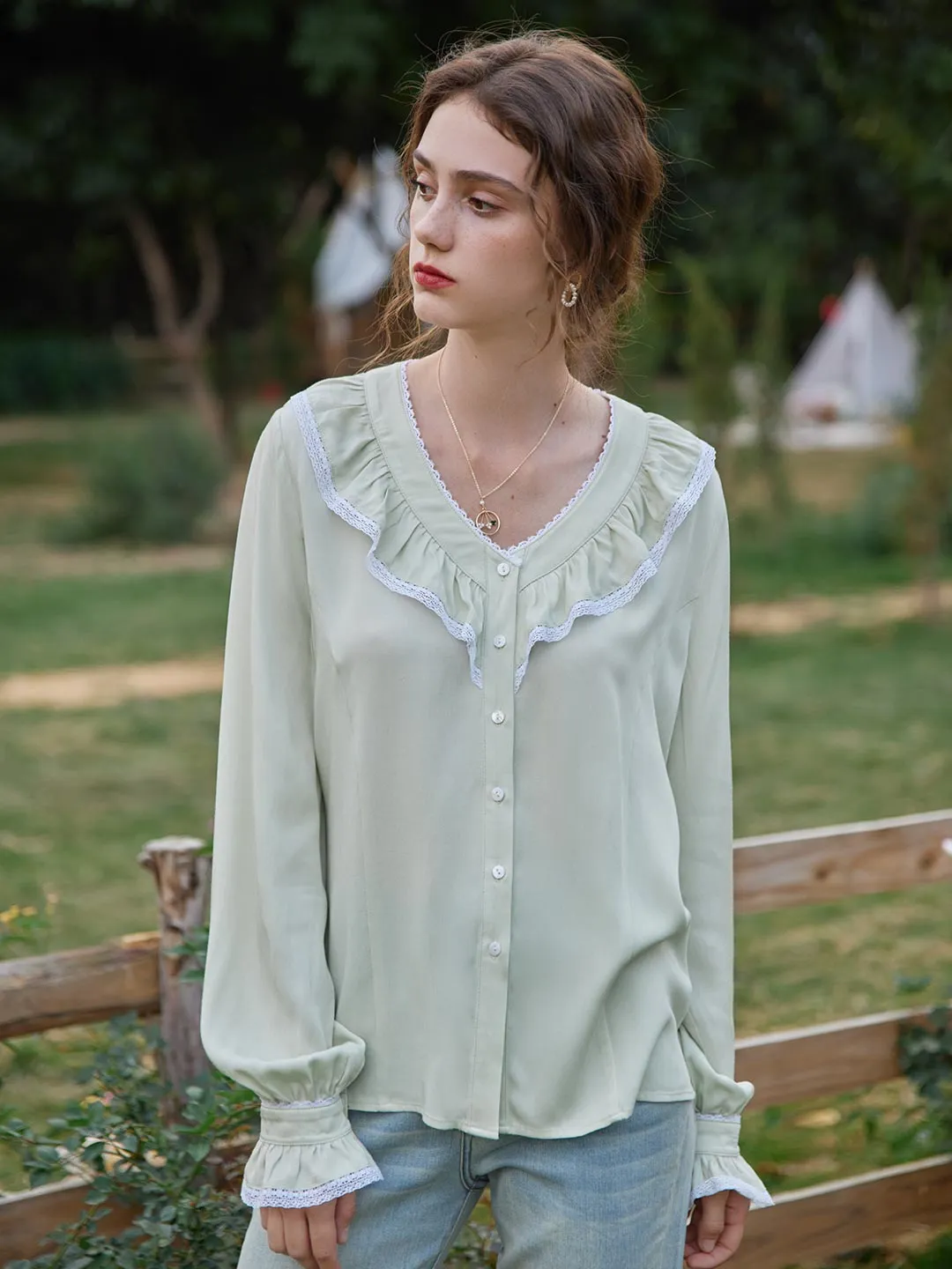 Rosario V-Neck Ruffle Blouse sold by Simple Retro