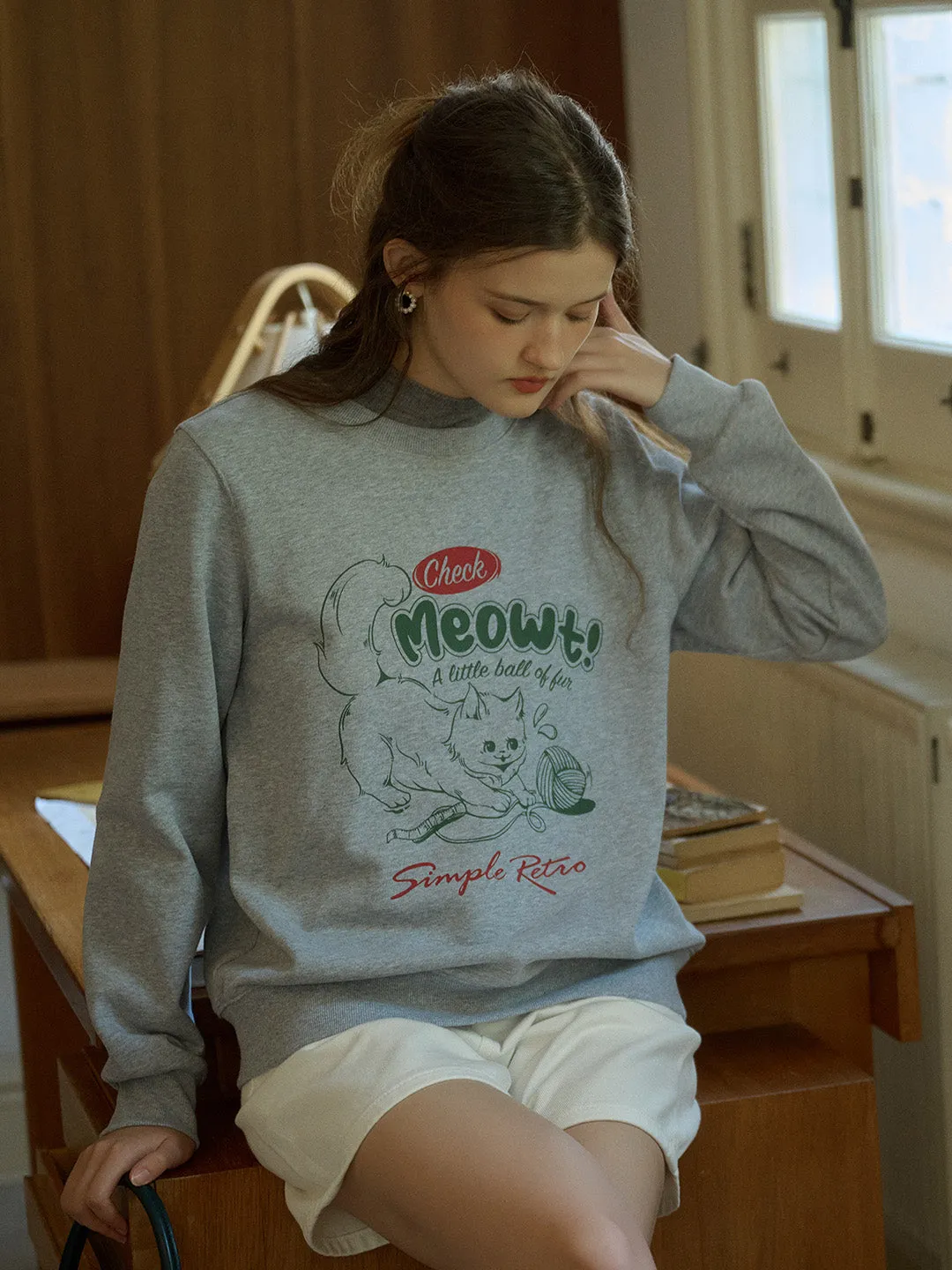 Kathryn Exclusive Design Cat Print Classic Crew Neck Cotton Sweatshirt sold by Simple Retro