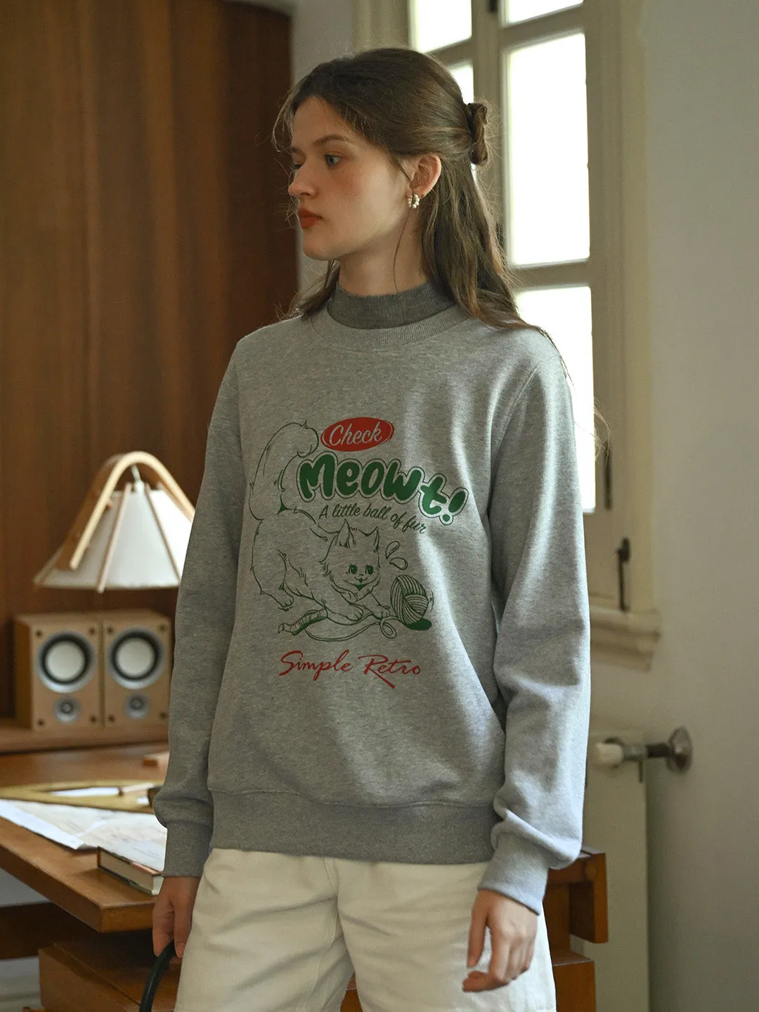 Kathryn Exclusive Design Cat Print Classic Crew Neck Cotton Sweatshirt sold by Simple Retro product image thumbnail 2