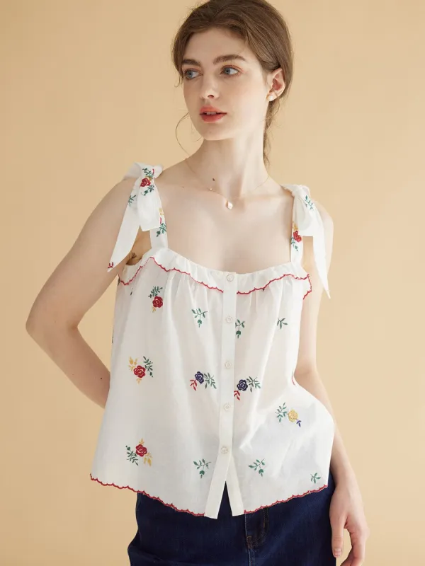 Mikaela Square Neck Colorful Rose Embroidered Cotton Top sold by Simple Retro