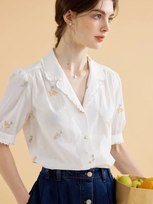 Marceline Simple V Neck Embroidered Cotton Shirt sold by Simple Retro