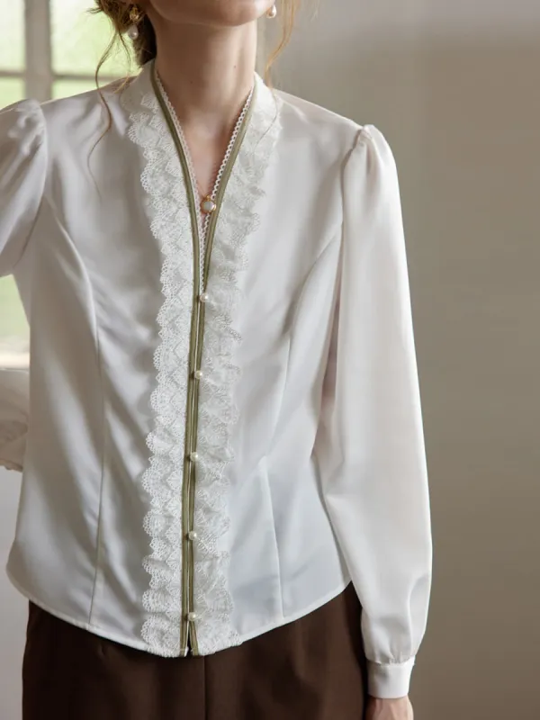 Amanda Vintage Style Ruffle White Blouse sold by Simple Retro