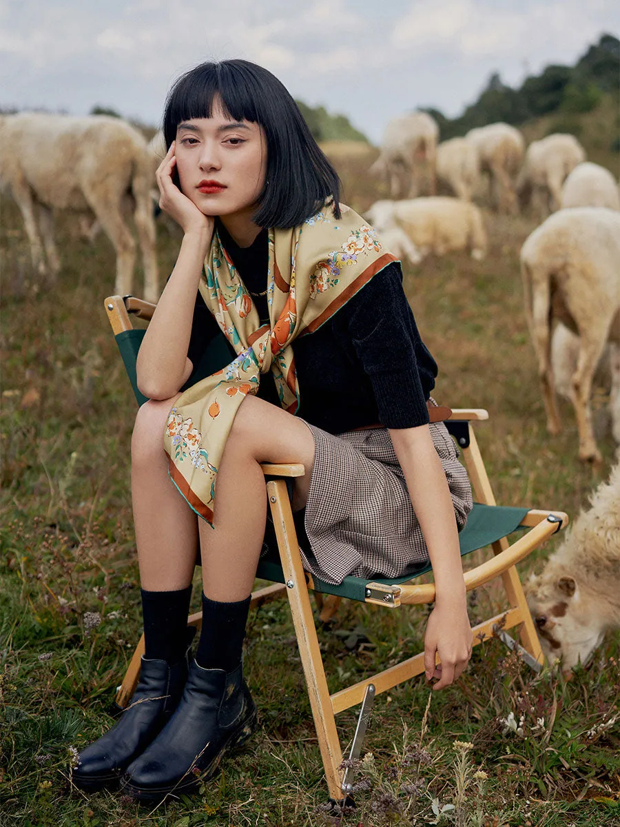 Chowxiaodou Rose Print Twill Silk Square Scarf-Yellow sold by Simple Retro product image thumbnail 4