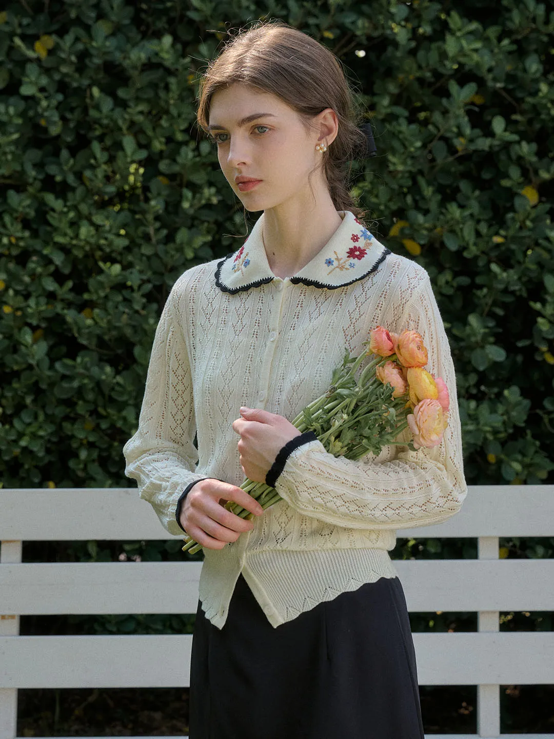 Shay Peter Pan Collar Embroidered Contrast Cutout Cardigan-Apricot sold by Simple Retro product image thumbnail 4