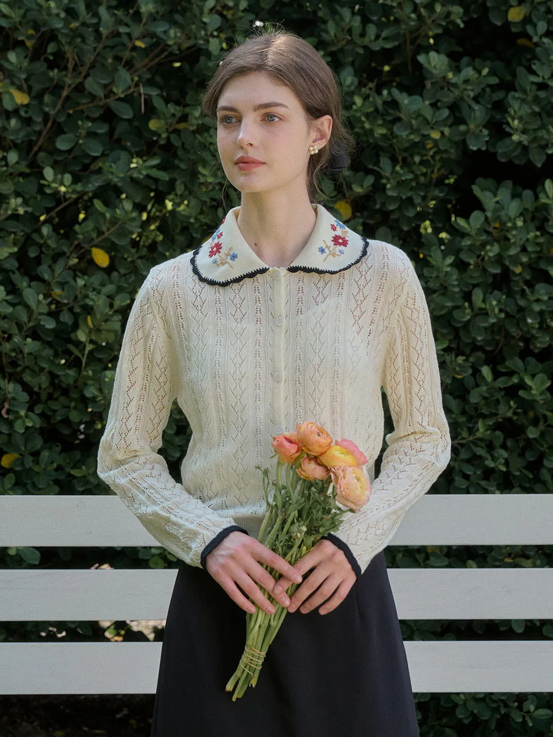 Shay Peter Pan Collar Embroidered Contrast Cutout Cardigan-Apricot sold by Simple Retro product image thumbnail 3