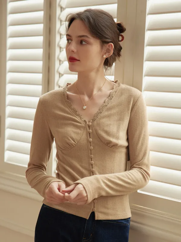 Trina Lace V-neck Khaki Knitted Top sold by Simple Retro