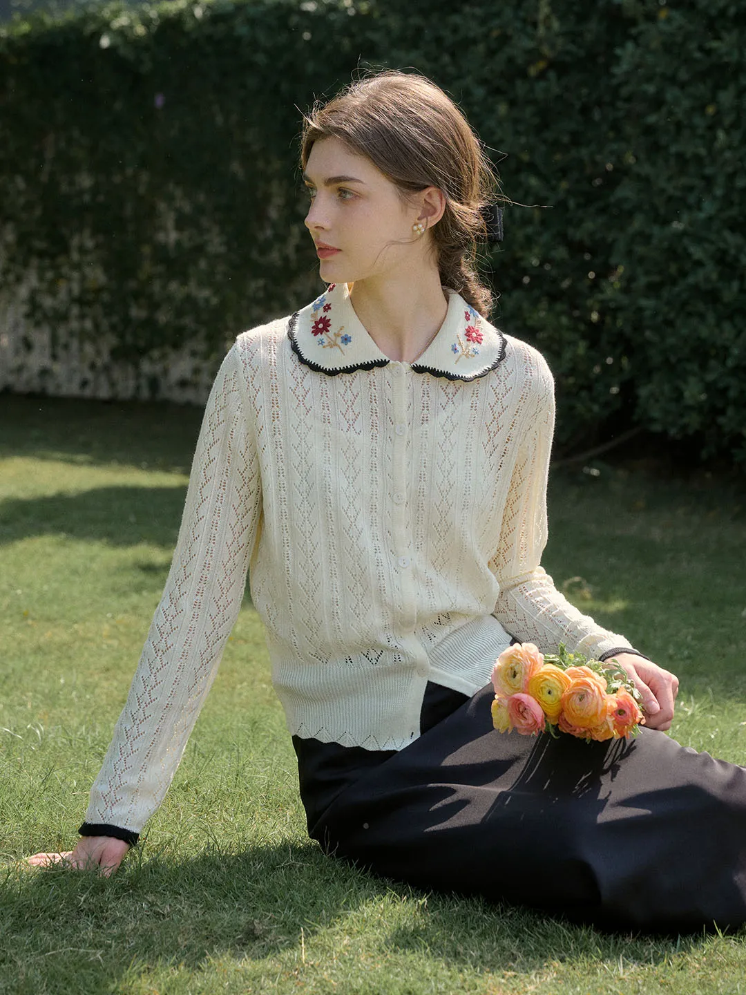 Shay Peter Pan Collar Embroidered Contrast Cutout Cardigan-Apricot sold by Simple Retro product image thumbnail 2