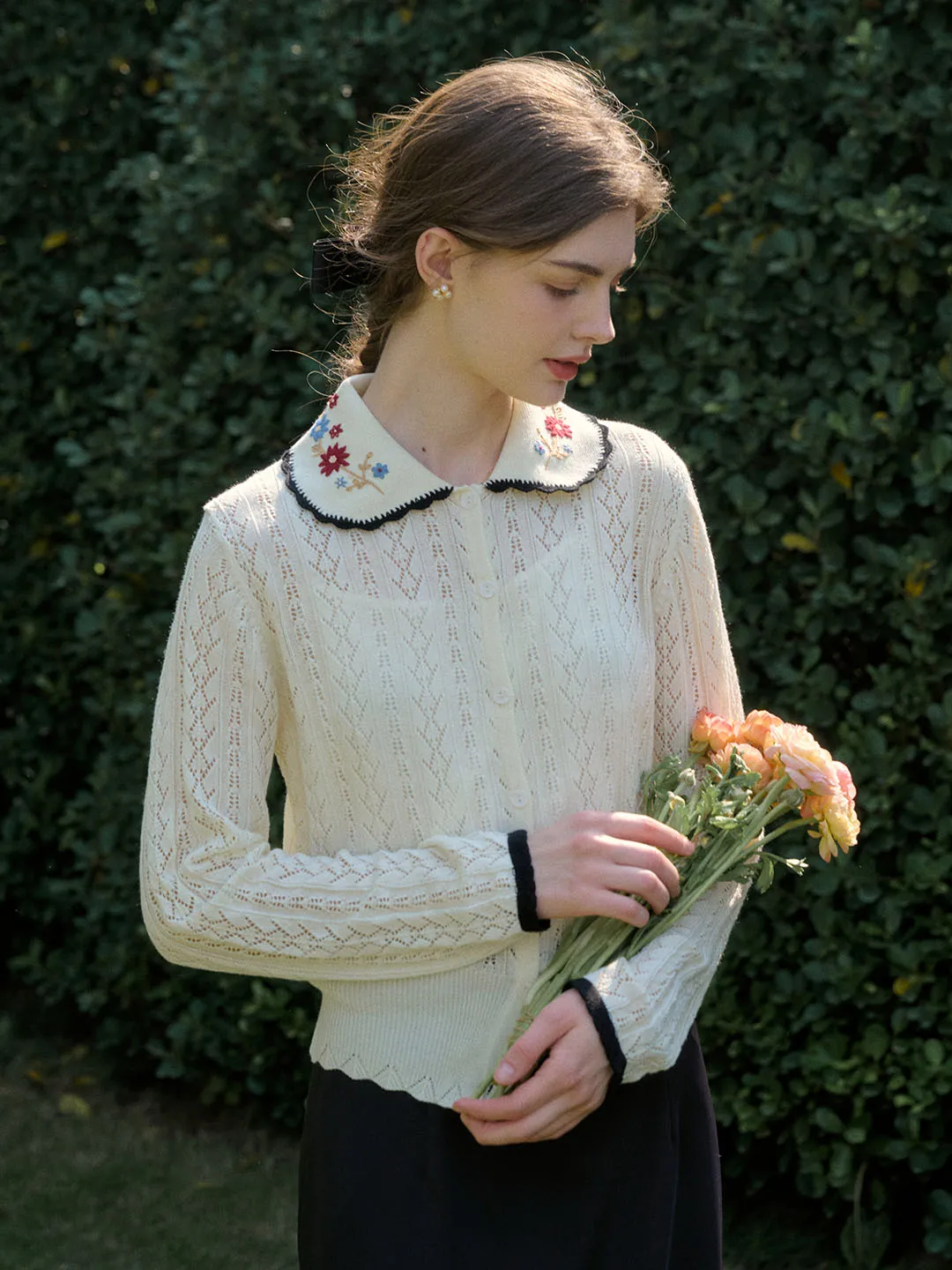 Shay Peter Pan Collar Embroidered Contrast Cutout Cardigan-Apricot sold by Simple Retro