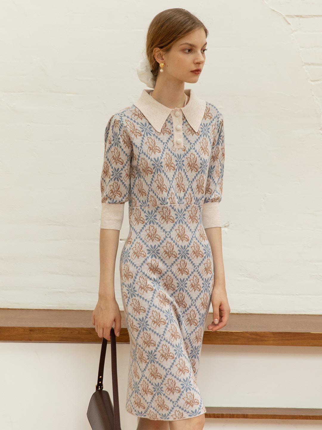 Ariana Floral Patterned Light Beige Midi Knitted Dress sold by Simple Retro