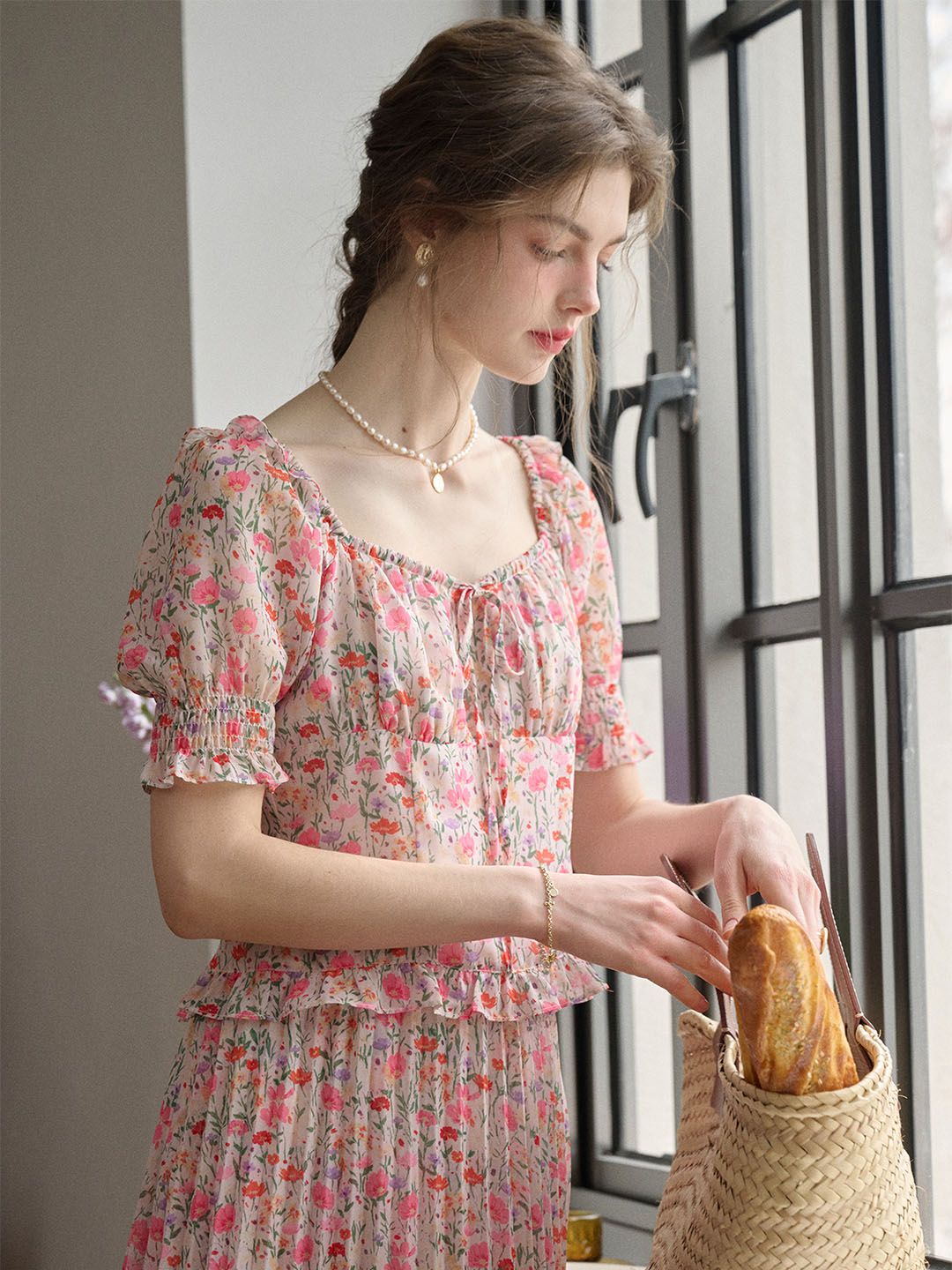 Alivia Floral Print Tie Neck Heart Shaped Collar Pink Blouse sold by Simple Retro product image thumbnail 5