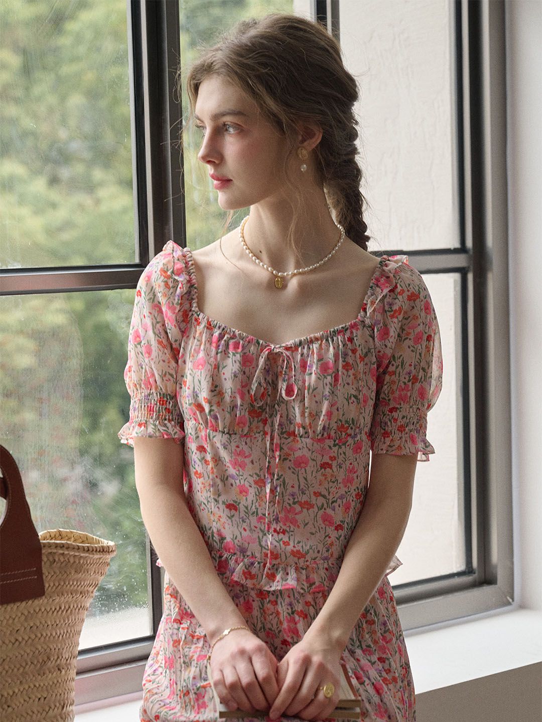 Alivia Floral Print Tie Neck Heart Shaped Collar Pink Blouse sold by Simple Retro product image thumbnail 2