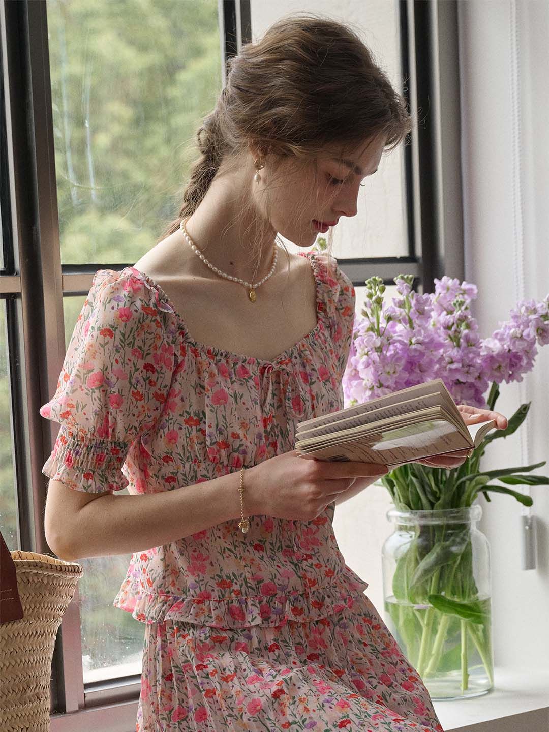 Alivia Floral Print Tie Neck Heart Shaped Collar Pink Blouse sold by Simple Retro