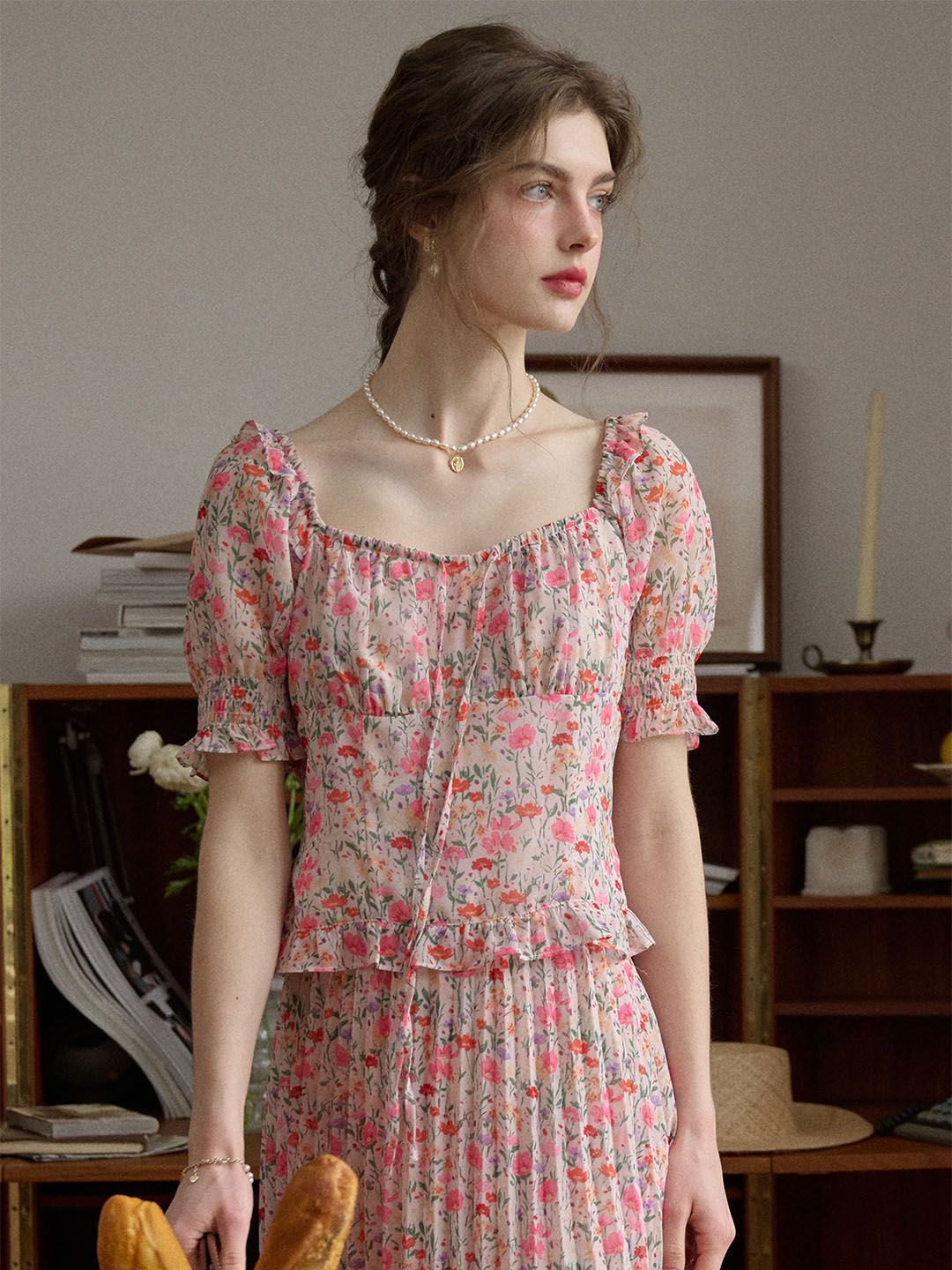 Alivia Floral Print Tie Neck Heart Shaped Collar Pink Blouse sold by Simple Retro product image thumbnail 3