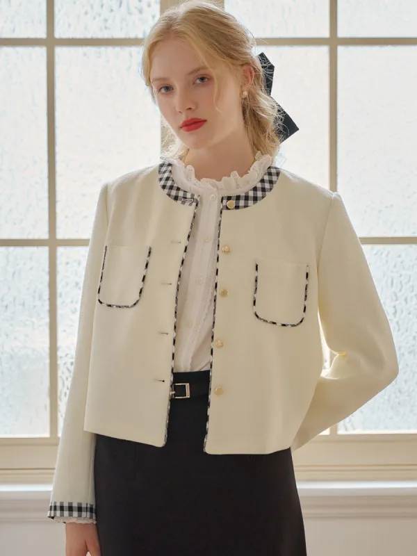 【Final Sale】Quinn Round Neck Contrasting Plaid Patch Pocket Jacket sold by Simple Retro