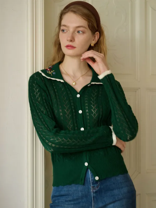 Shay Peter Pan Collar Embroidered Contrast Cutout Cardigan-Green sold by Simple Retro