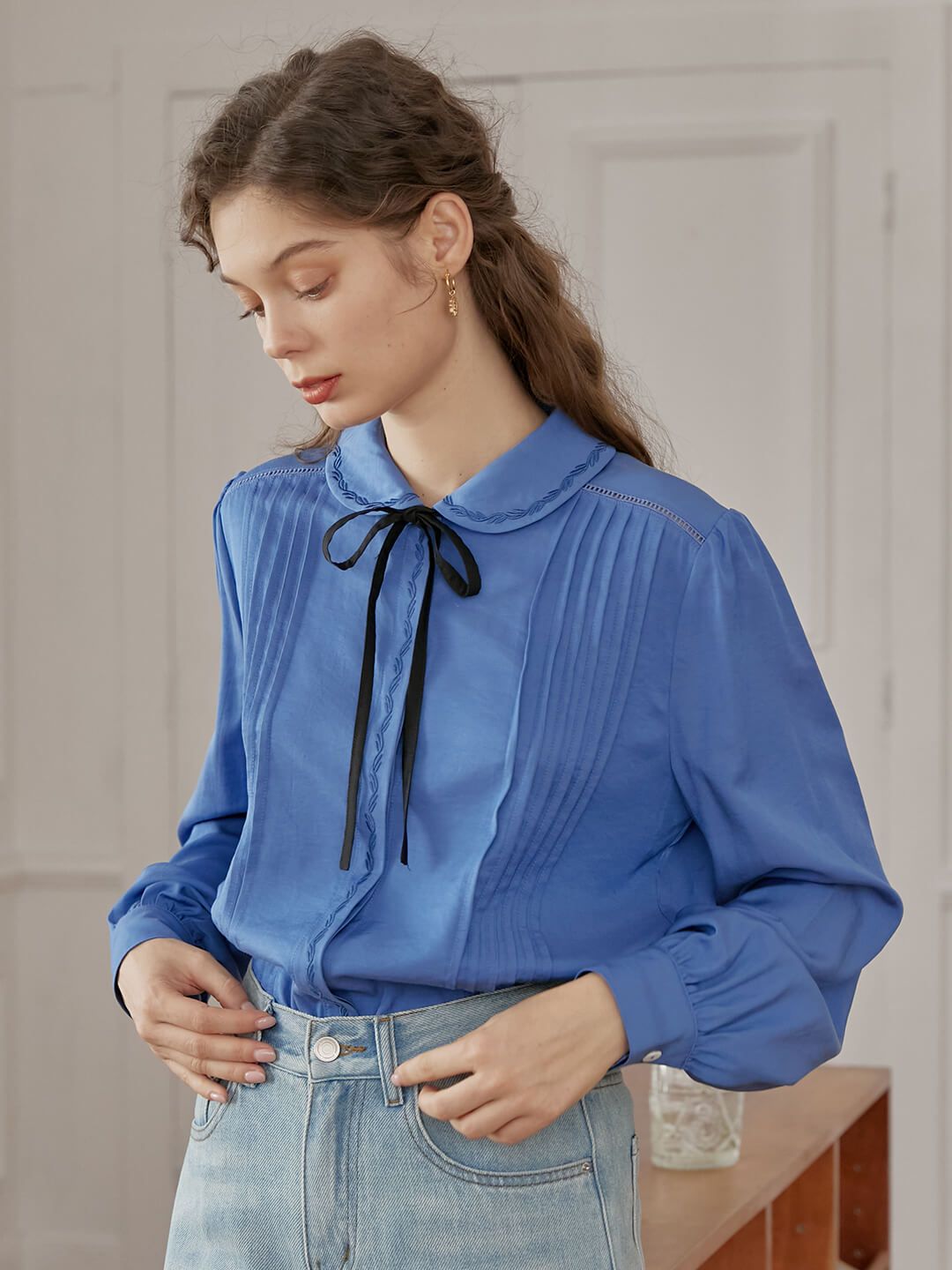 Laurel Embroidery Peter Pan Collar Blue Pleated Blouse sold by Simple Retro product image thumbnail 4