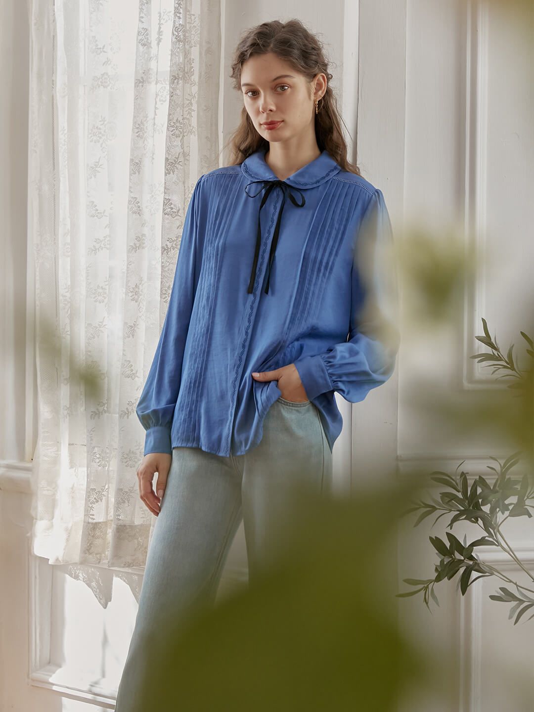 Laurel Embroidery Peter Pan Collar Blue Pleated Blouse sold by Simple Retro product image thumbnail 3