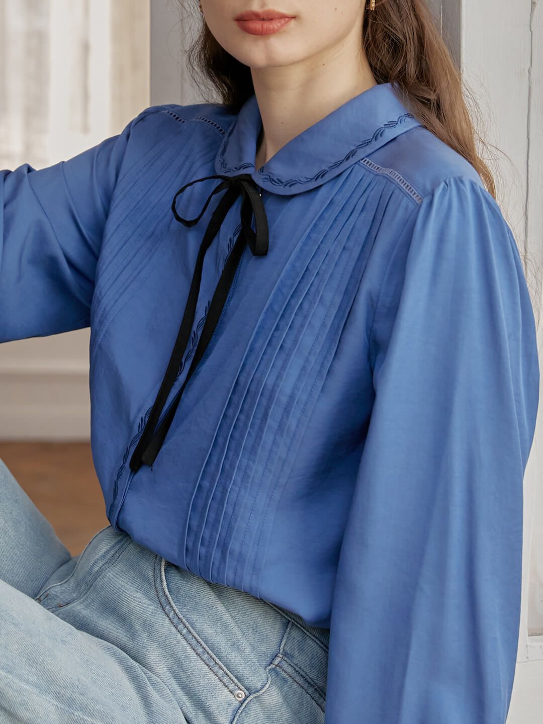 Laurel Embroidery Peter Pan Collar Blue Pleated Blouse sold by Simple Retro product image thumbnail 2