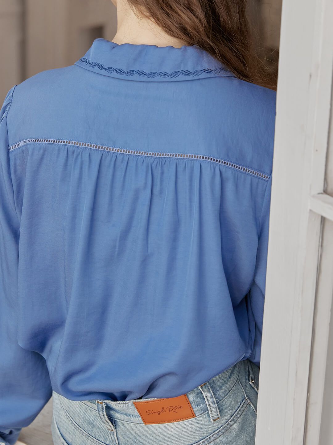 Laurel Embroidery Peter Pan Collar Blue Pleated Blouse sold by Simple Retro product image thumbnail 6