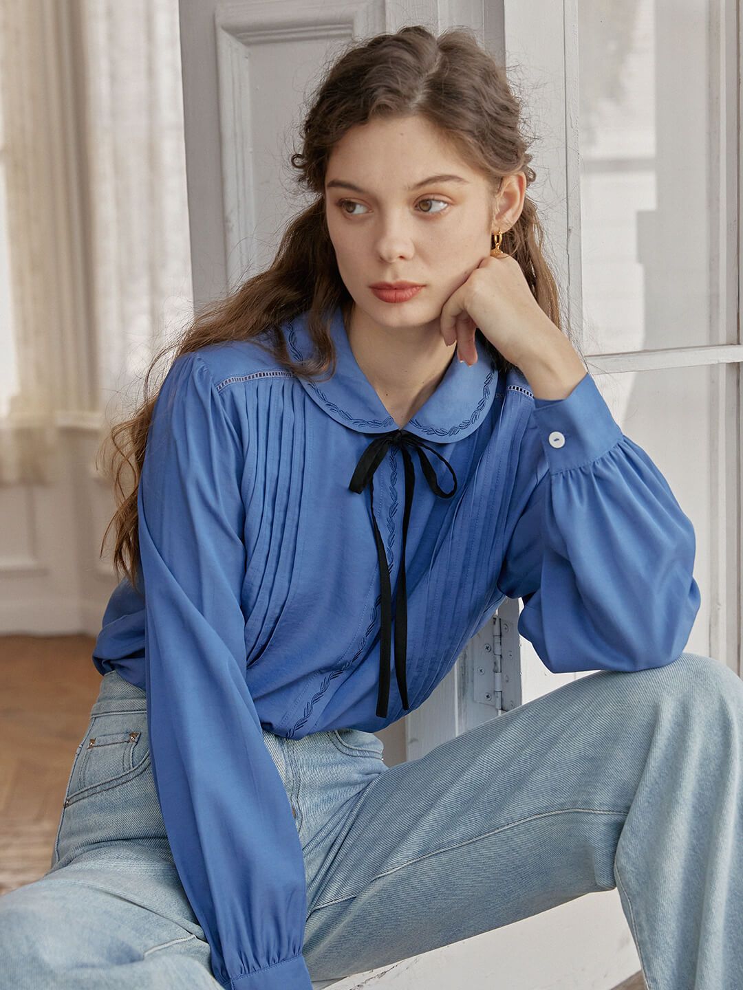 Laurel Embroidery Peter Pan Collar Blue Pleated Blouse sold by Simple Retro