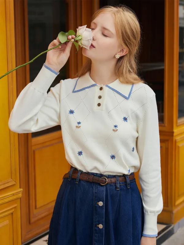 【Final Sale】Aurora Floral Embroidery Contrast Trim Sweater sold by Simple Retro