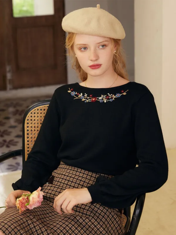Layla Floral Embroidery Lantern Sleeve Sweater sold by Simple Retro