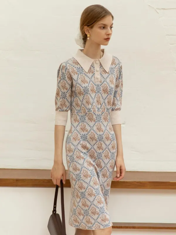 Ariana Floral Patterned Light Beige Midi Knitted Dress sold by Simple Retro