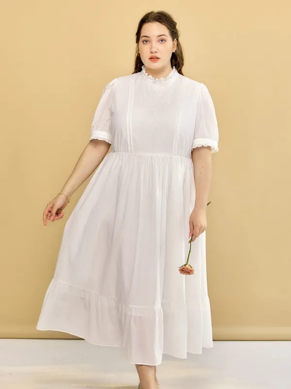 【Final Sale】Plus Size Afra White Stand-up Collar Bubble Sleeve Dress sold by Simple Retro