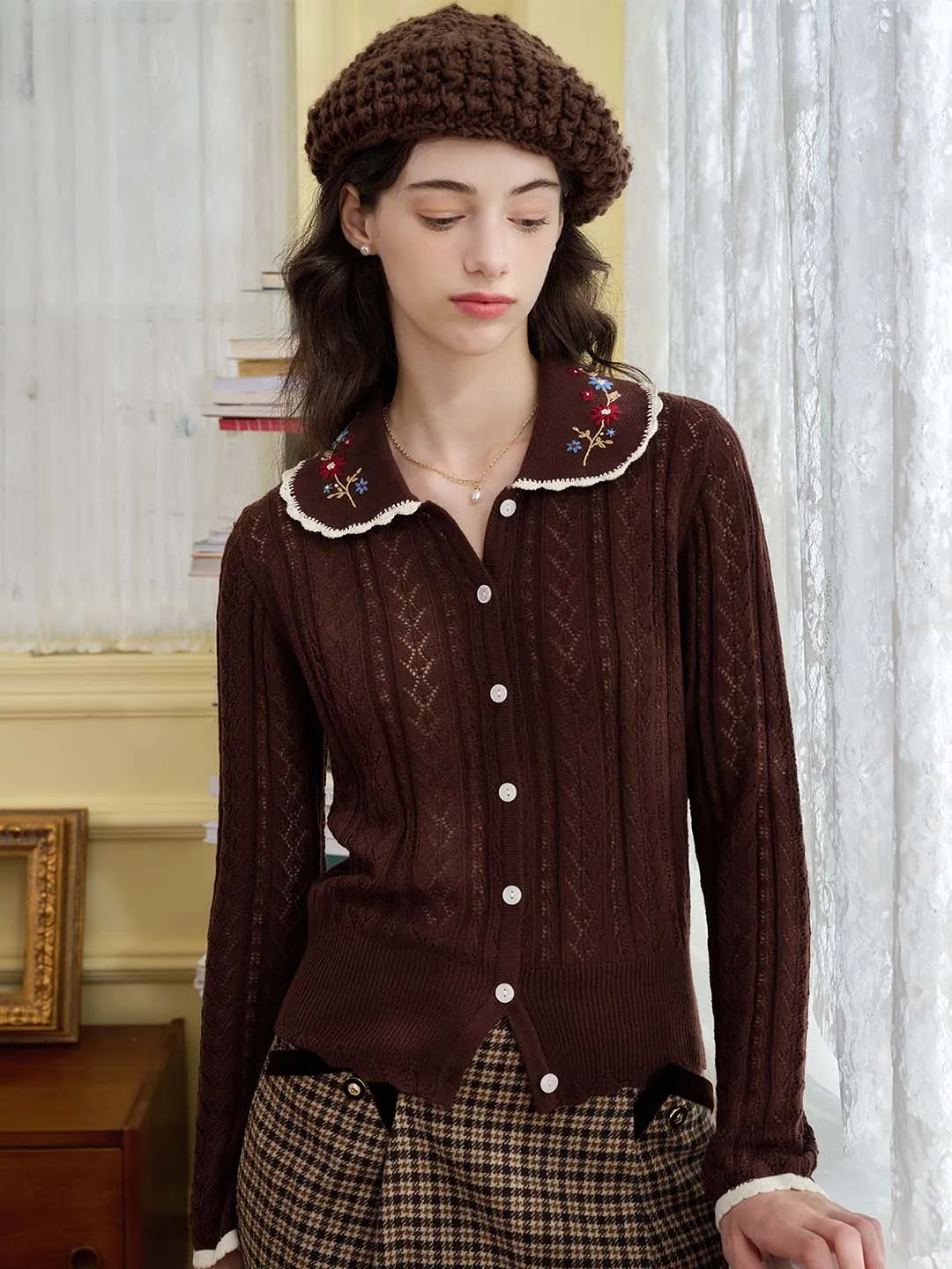 【Final Sale】Shay Peter Pan Collar Embroidered Contrast Cutout Cardigan sold by Simple Retro product image thumbnail 5