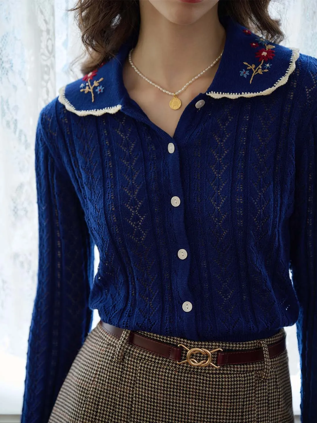【Final Sale】Shay Peter Pan Collar Embroidered Contrast Cutout Cardigan sold by Simple Retro